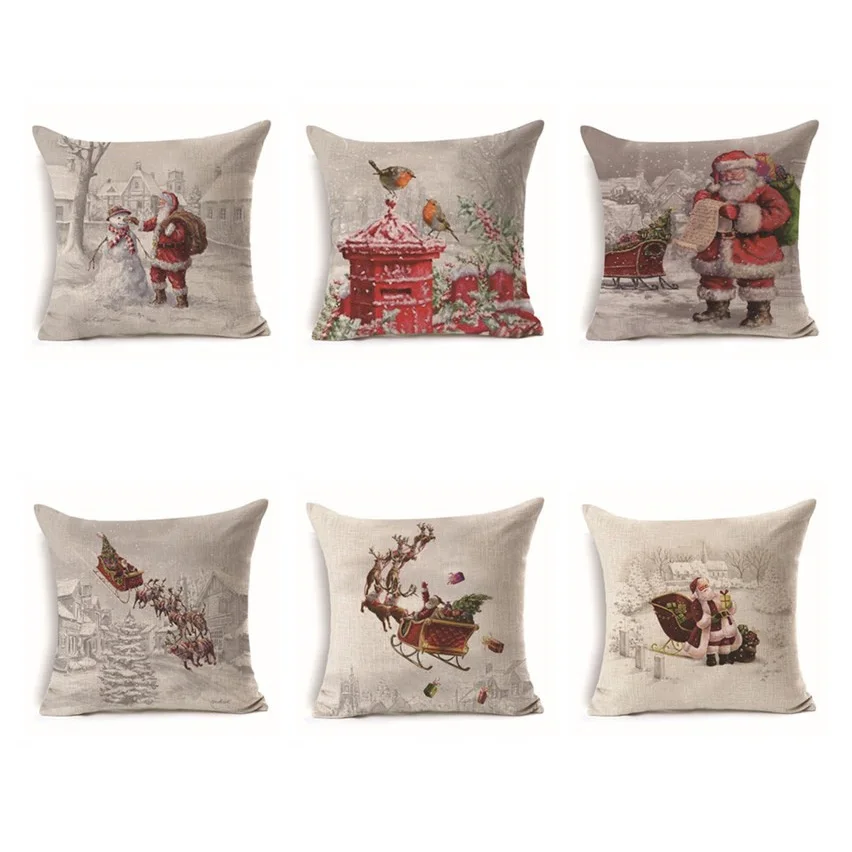 Urijk 6Pcs Merry Christmas Cushion Cover Santa Claus Pillowcase Polyester Linen Throw Pillow Car Home Sofa Decorative 45*45cm