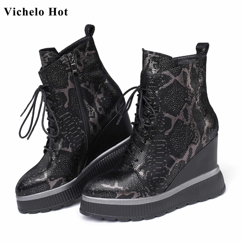 

Vichelo Hot wedges waterproof print sheep leather snake lace up side zip round toe winter keep warm women punk ankle boots L6f2