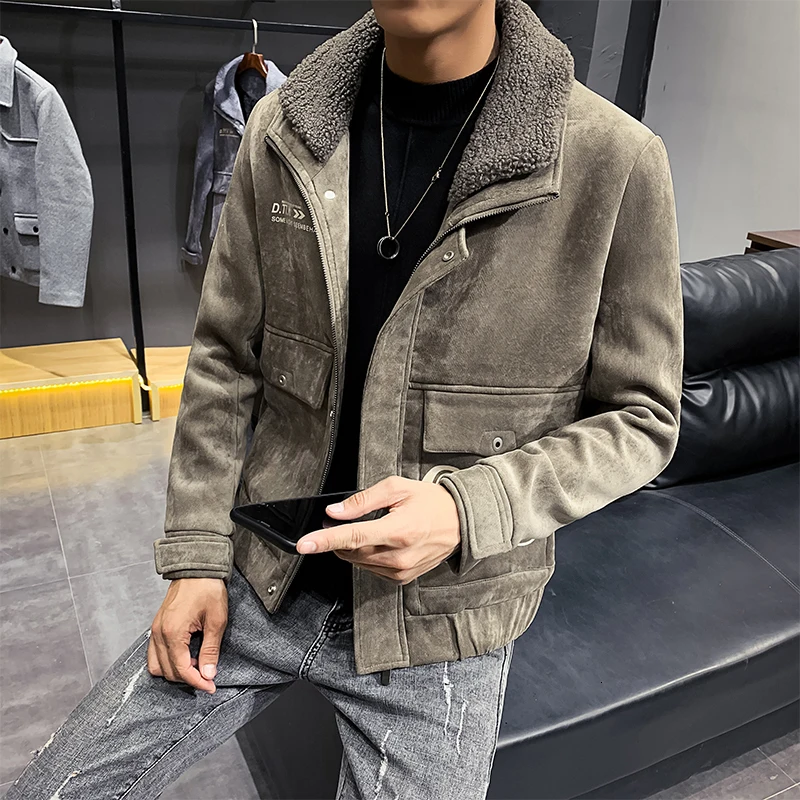 

Fashion Winter Jacket Men Warm Thicken Deerskin Wool Jacket Slim Fit Bomber Homme Deri Ceket Coats Mens Fur Collar Mens Coat