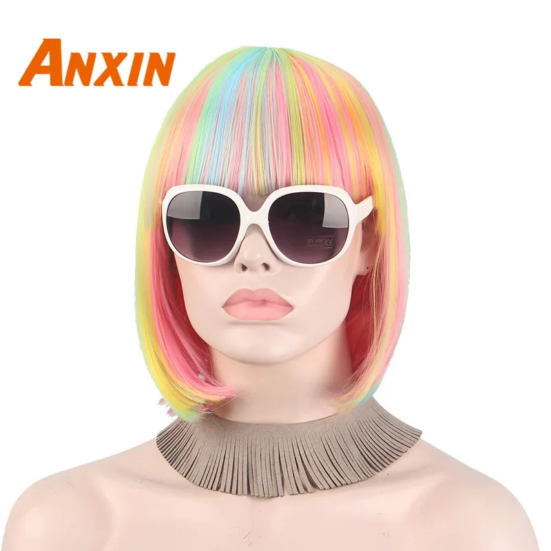 Anxin Bob короткие прямые волосы с челкой зеленые желтые синие розовые разноцветные