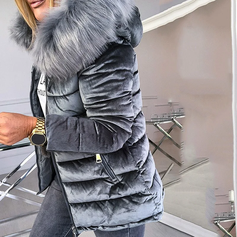 Goedkoop Vrouwen Katoen Gewatteerde Jassen Grijs Roze Capuchon Bontkraag Dikke Mode Basic Sneeuw Bovenkleding Winter Fluwelen Jas Jas Plus Size