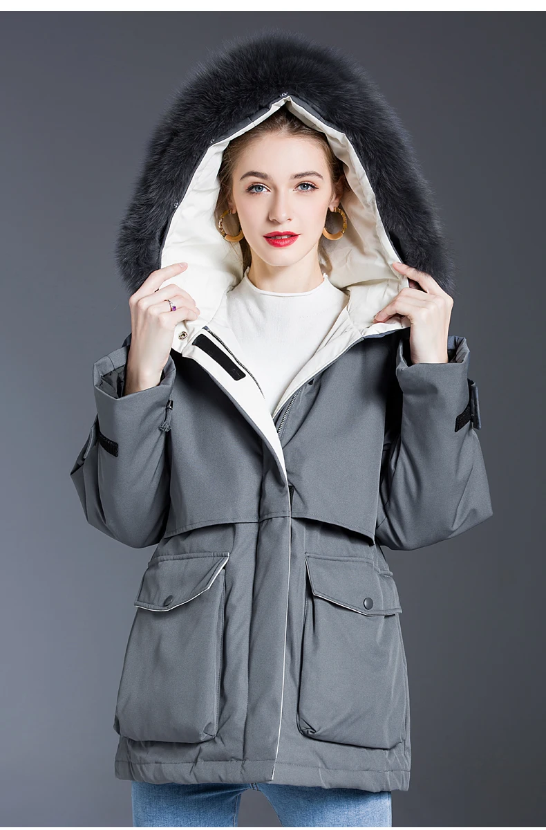 2020 Winter Jacket Women Natural Big Real Fox Fur Collar Hooded High Quality White Duck DownParkas Warm Loose Casual Thick Coat