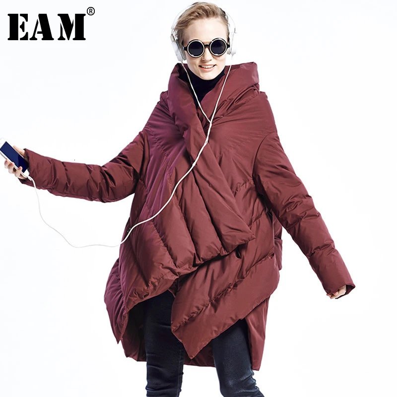 

[EAM] Loose Fit Asymmetrical Big Size Down Jacket New Stand Collar Long Sleeve Women Parkas Fashion Autumn Winter 2019 1B816