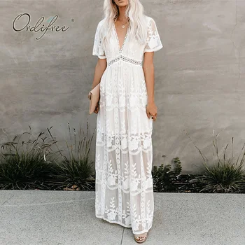 Ordifree 2021 Summer Boho Women Maxi Dress Loose Embroidery White Lace Long Tunic Beach Dress Vacation Holiday Clothes 1