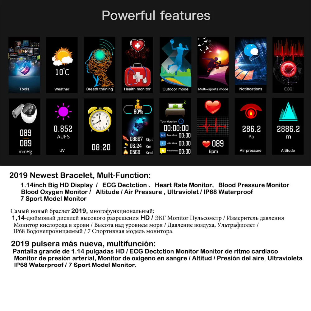 Фитнес-трекер Andriod IOS, умный Браслет Blutooth, пульсометр, датчик давления крови, ЭКГ, Водонепроницаемый умный браслет, высота