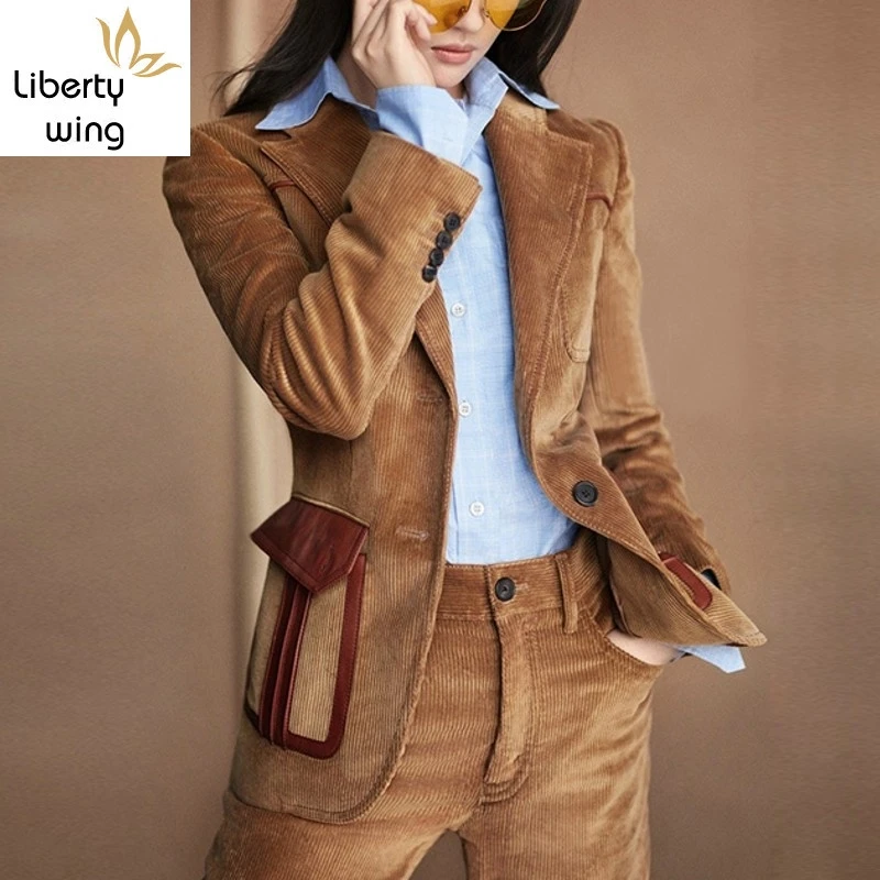 

Star Style Western Female Winter Leisure Temperament Corduroy Suit Jacket Two-Piece Sets Turn Down Collar Top Quality Brand