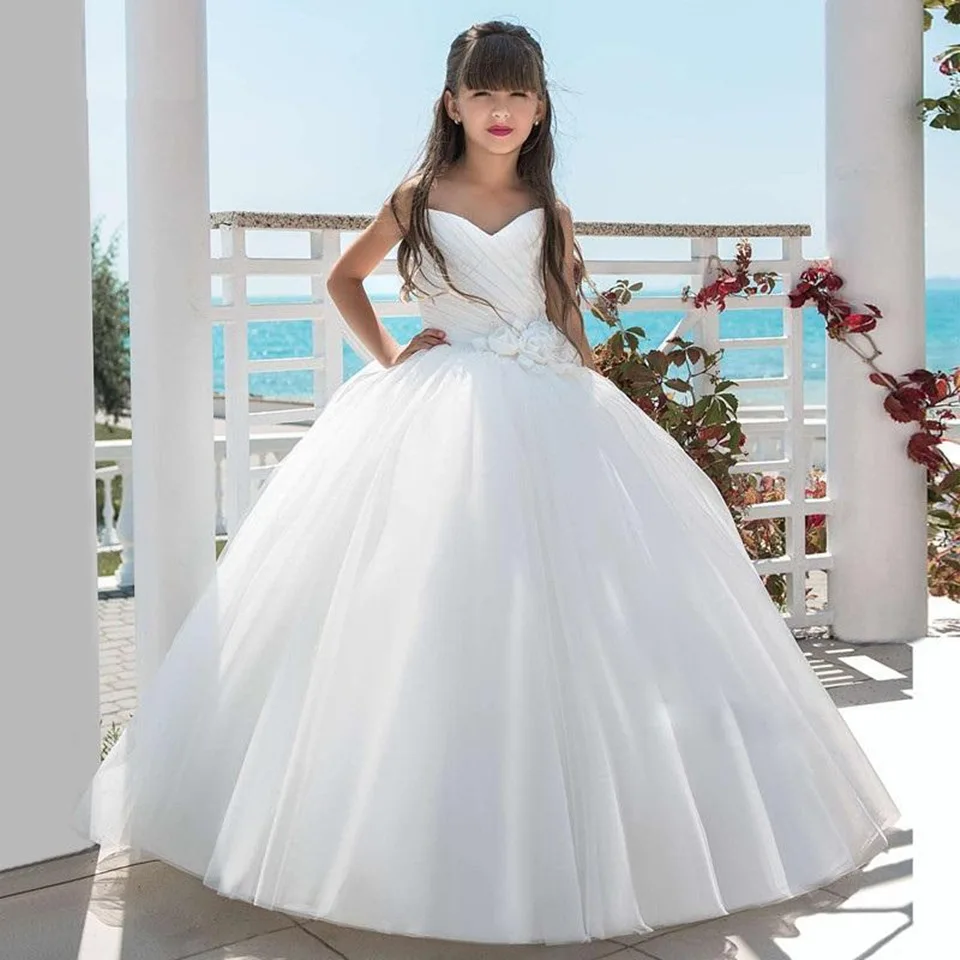 

Beautiful Flower Girl Dresses Tulle Appliqued Pageant Fluffy Dresses For Girls First Communion Dresses Kids Prom Dresses