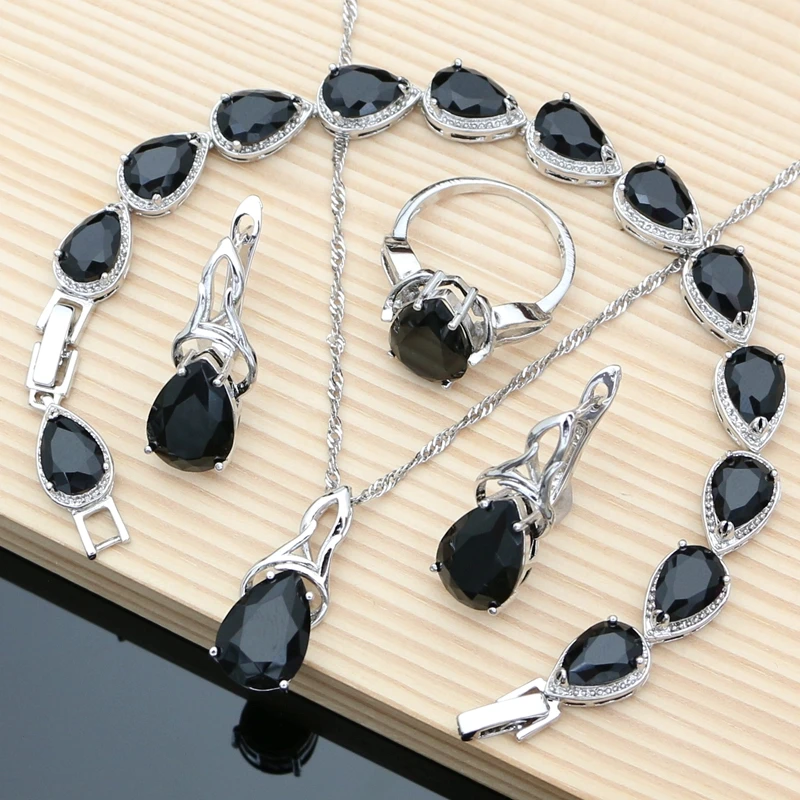 925 Sterling Silver Costume Jewelry Sets Drop Black Sapphire Earrings