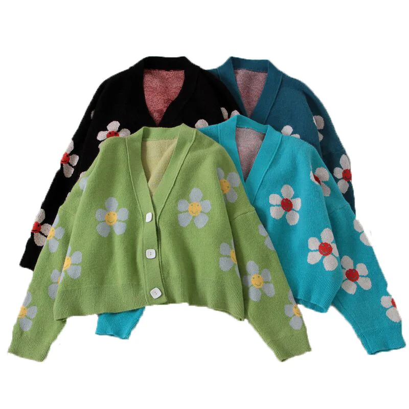 

2020 Spring College Style Flower Print Knitted Doat Loose Retro V-neck Cute Light Green Sweater Cardigan Blouse Short Section