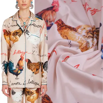 

The Hen Printed Imitated Silk Satin Polyester Fabric For Woman Dress Pajamas Sleepwear Tissu Хлопок материал Tela Sewing DIY