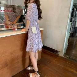 Женское платье с цветочным принтом, лето 2019, новый стиль, корейский стиль, шикарная талия, обтягивающая, короткий рукав, v-образный вырез