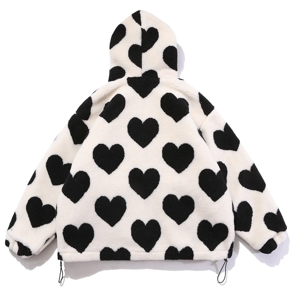 Aolamegs Cute Heart-shaped Print Lambswool Winter Jacket Men Drawstring Pockets Zipper Hooded High Street Warm Couple Streetwear