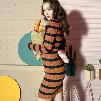

2019 Fall Winter Vintage Fashion Brown Striped Slim Elastic Knit Dresses Long Sleeve Mini Sexy Women Dress