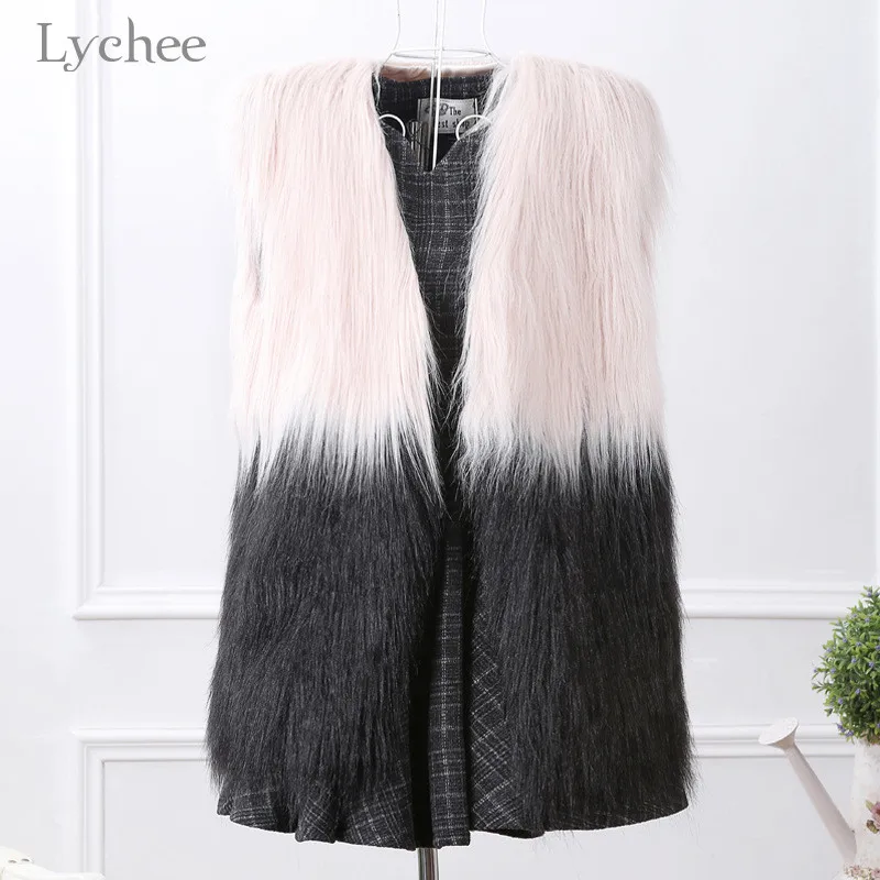 Lychee High Street Lady пальто из искусственного меха цветная куртка из искусственного меха модного цвета, в стиле пэчворк женский жилет с v-образным вырезом без рукавов женское пальто