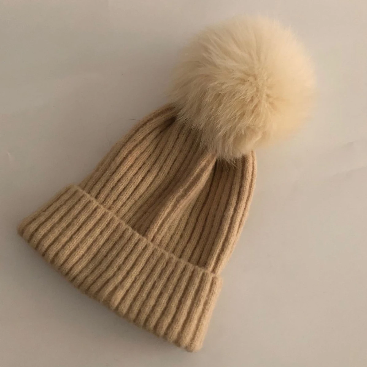 Children Beige ZJBECHAHMU Модные Новые шапки с помпонами из натурального Лисьего меха норки для женщин и детей, повседневные зимние шерстяные теплые однотонные шапки Skullies Beanies, шапки - Цвет: Children Beige