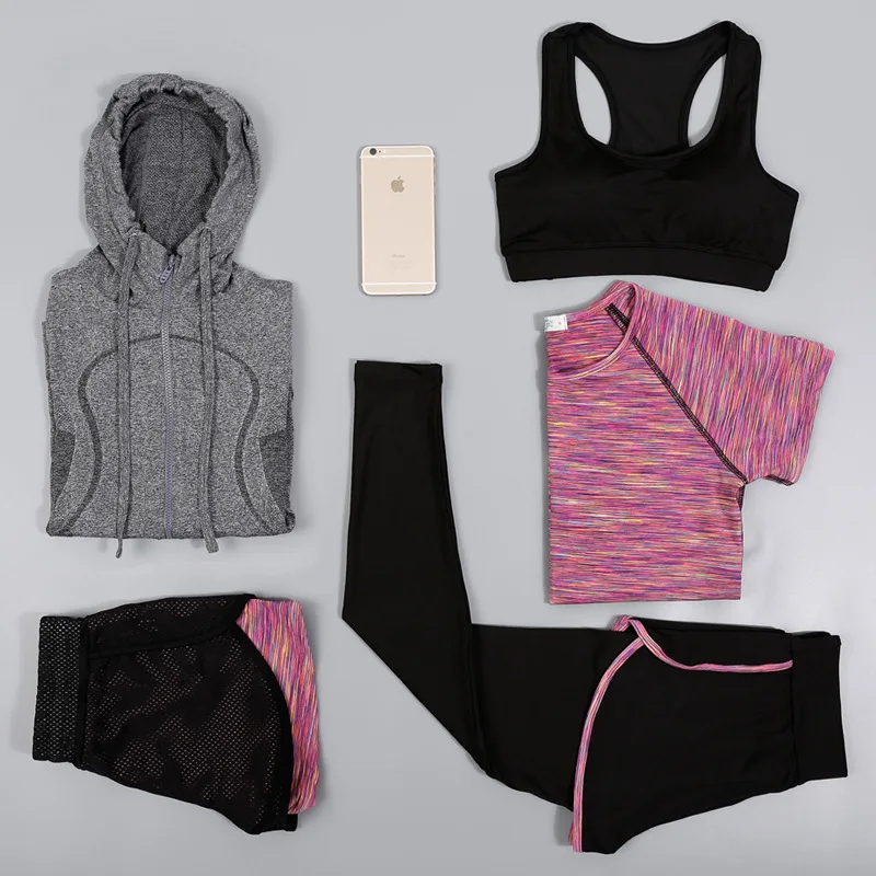 

New Style Yoga Clothes Women's Korean-style Five-Piece Fitness Sports Running Tops Quick-Dry Vest Pants Set