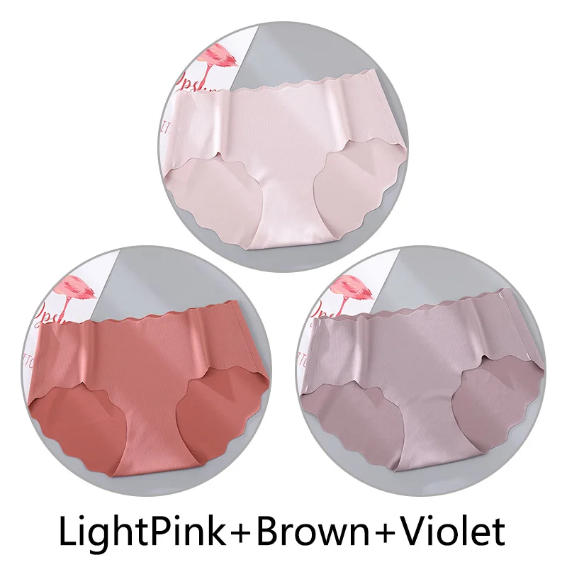L-Pink Brown Violet 3Pcs Sexy Ruffles Panties Women Soft Seamless Briefs Ice Silk Breathable Underwear Ultra Thin Intimates Lingerie Solid M-XL New - Цвет: L-Pink Brown Violet