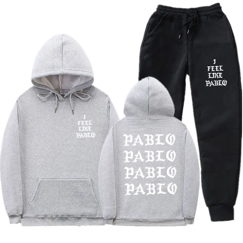 Уличная одежда I Feel Like Pablo, комплект с капюшоном, спортивный костюм для мужчин, комплекты тепловой спортивной одежды, толстовки и штаны, Повседневная Толстовка, спортивный костюм - Цвет: Gray MK112
