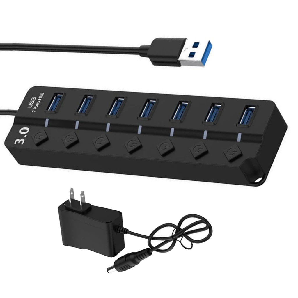 7-Порты и разъёмы USB 3,0 концентратор 5 Гбит/с, высокая Скорость вкл/выкл кнопка AC Мощность адаптер
