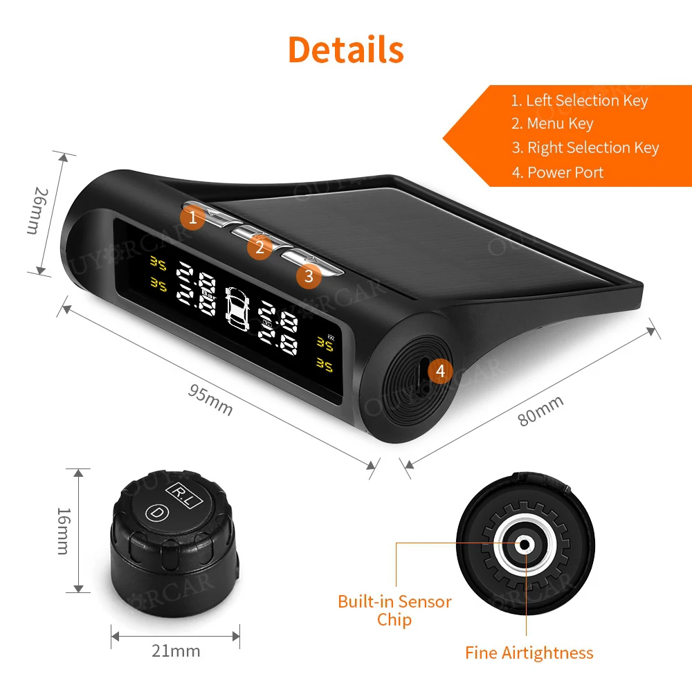 Smart Car TPMS Tire Pressure Monitoring System Solar Power Digital TMPS LCD Display USB Auto Security Alarm Tire Pressure Sensor