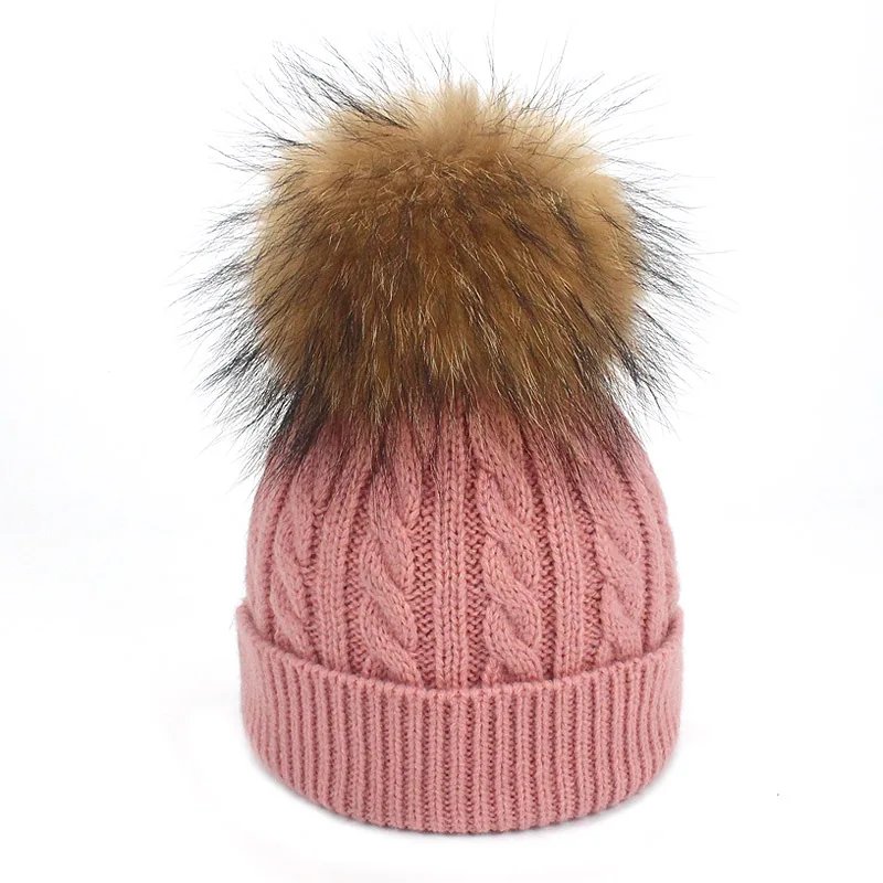 Детские шапочки, шапки s Skullie, помпоны, меховые вязаные шапки, шапки на осень-зиму, головные уборы, Балаклава, маска для лица из натурального енота - Цвет: Pink