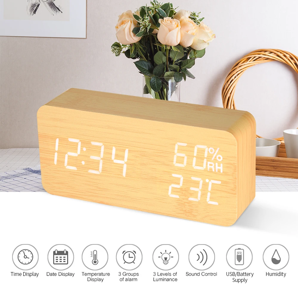 

Hot New Digital LED Alarm Clock USB/Battery Powered Table Clock Indoor Hygrometer Thermometer Clock 3 Alarms Weekday Alarm Sound