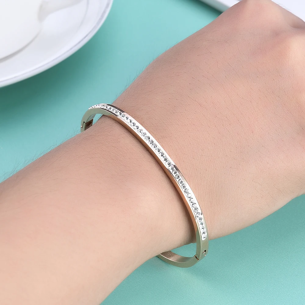Bangle Bracelet Fashion Jewelry With Two Line Crystal Rhinestone Pave Stainless Steel for Women