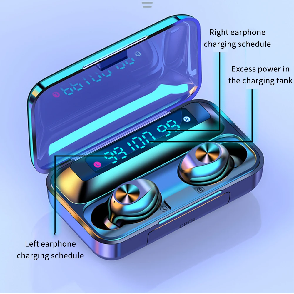 F9 TWS 5 0 Wireless Earphones Bluetooth F9 TWS Bluetooth headphone support Xiaomi iPhone with 2000mah power bank 9D Stereo