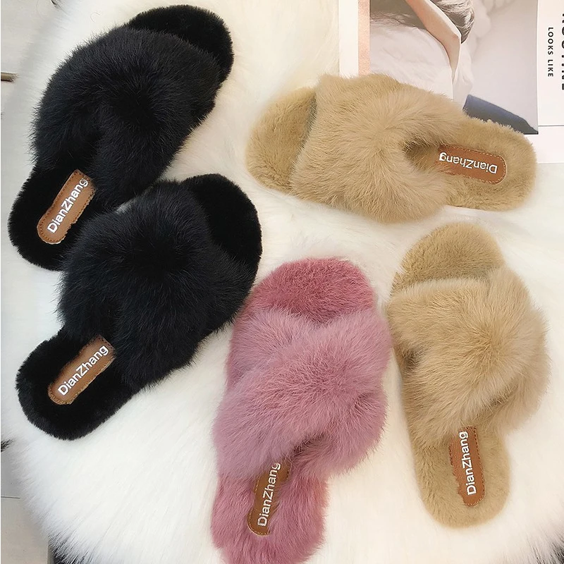 

2019 new indoor flat bottom cross fur slippers solid color fashion warm shoes outdoor wear comfortable non-slip slippers
