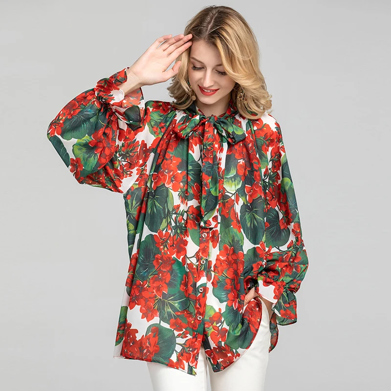AELESEEN Runway Fashion Loose Blouse 2020 Spring Summer Elegant Bow Collar Red Floral Print Chiffon Women Shirt - 4.00067E+12