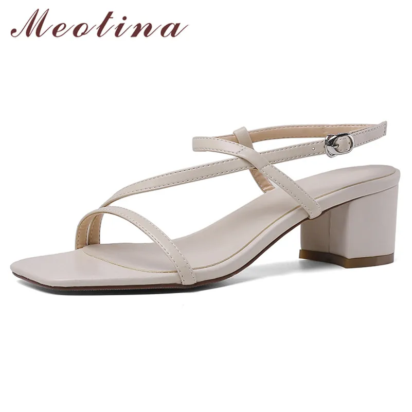 

Meotina Summer Shoes Women Sandals Natural Genuine Leather Square Heel Shoes Cow Leather Buckle Open Toe Sandals Lady Size 34-42