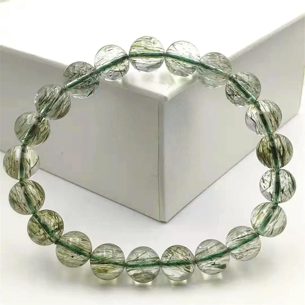

Natural Green Rutilated Tourmilated Quartz Hair 9.5mm Clear Round Beads Crystal Bracelet For Women Men Fashion Reiki Stone AAAAA