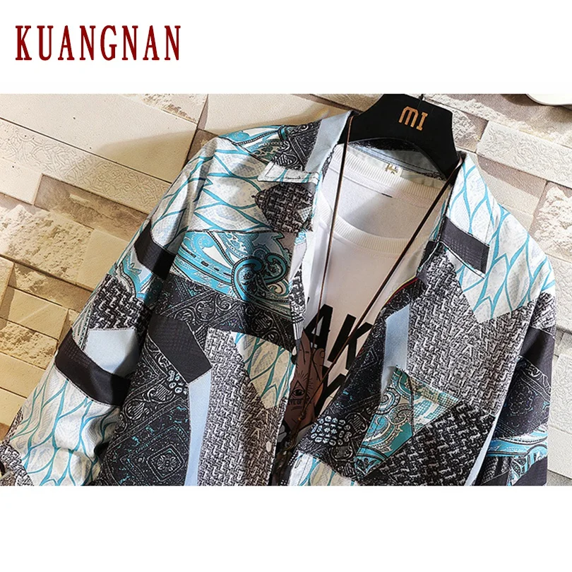 KUANGNAN Harajuku стиль рубашка с принтом мужские модные мужские рубашки с длинным рукавом мужские повседневные тонкие рубашки Fit 5XL уличная осень