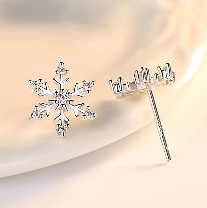 Silver Stud Earrings Luxury Zirconia Snowflake for Women 925 Sterling Silver