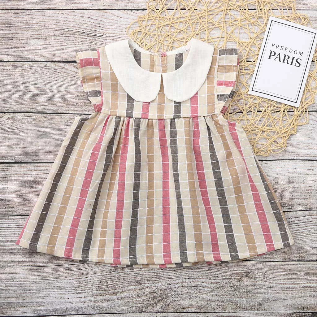 Sleeveless Cute Girls Flying Sleeve Doll Collar Plaid Top Summer New Girl Clothes Stripes Sleeves Sling Sweet Baby