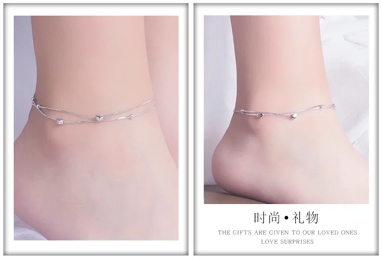 925 Sterling Anklet Heart Double Layer Women's Korean-style Simple Hipster Versitile Fashion jiao shi pin