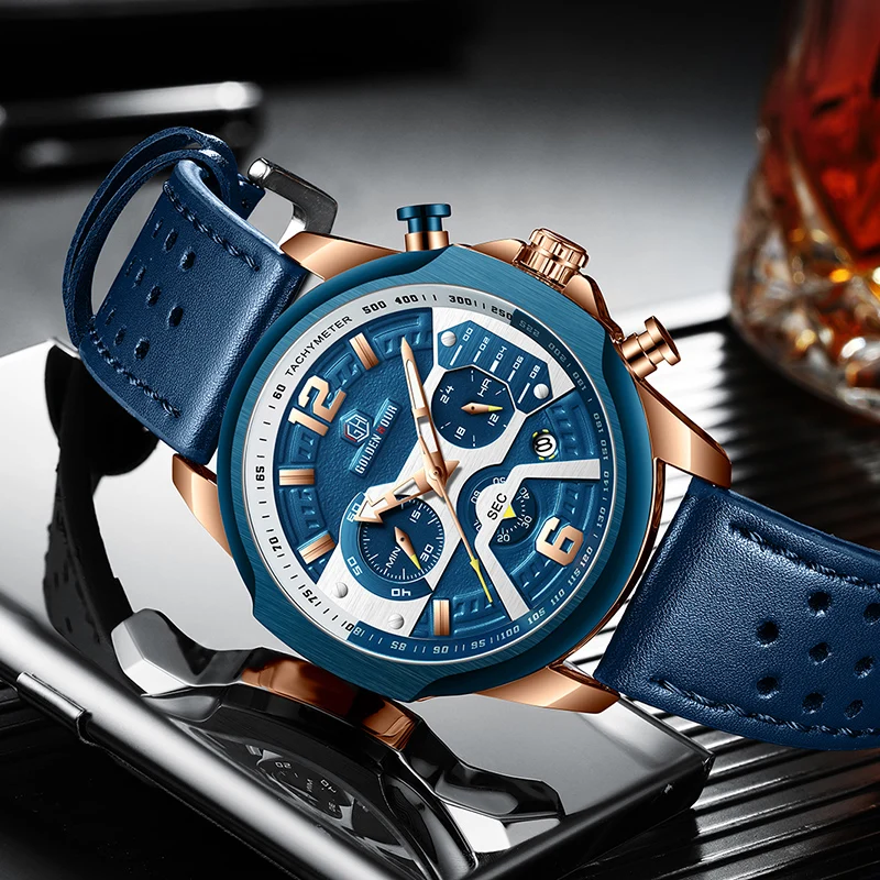 Mens Watches Top Brand Luxury Blue Quartz Men Watch Leather Chronograph Big Sport Wrist Watch Man-3