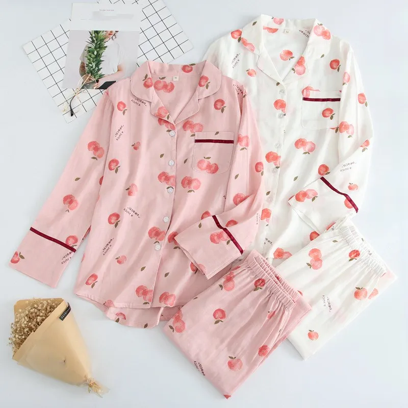 

Spring Printing Pattern Women Pajama Set Cotton Sleepwear Long Sleeve Two Piece Trousers Suit
