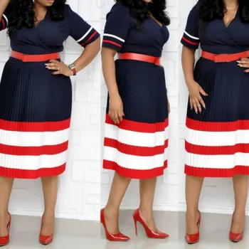 

Summer ELegant Women Pleated Dress 2020 African Office Lady Midi Dresses Robe Femme Vestiods Striped Female A Line Dresses