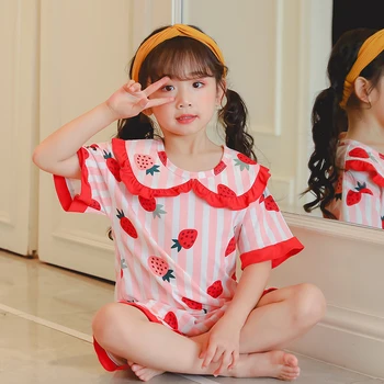 

Young Girl Summer Short Sleeve Cotton Sleepwear Shirt Cute Print Girl Pajamas Set Kids Cloth Student Girl Baby Collar Pajamas