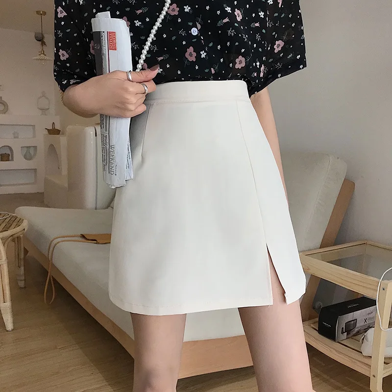 Корейская новая трапециевидная Повседневная модная Однотонная юбка большого размера с высокой талией, сексапильная Женская офисная юбка ins для колледжа - Цвет: Белый