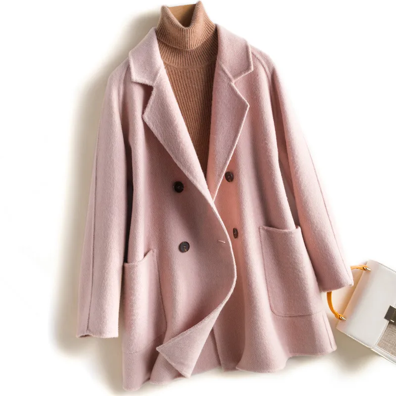 

Classic Short Double Sided Wool Jacket Women Autumn High Quality Loose Double-breasted Wool Coat Female Solid Woolen Outerwear