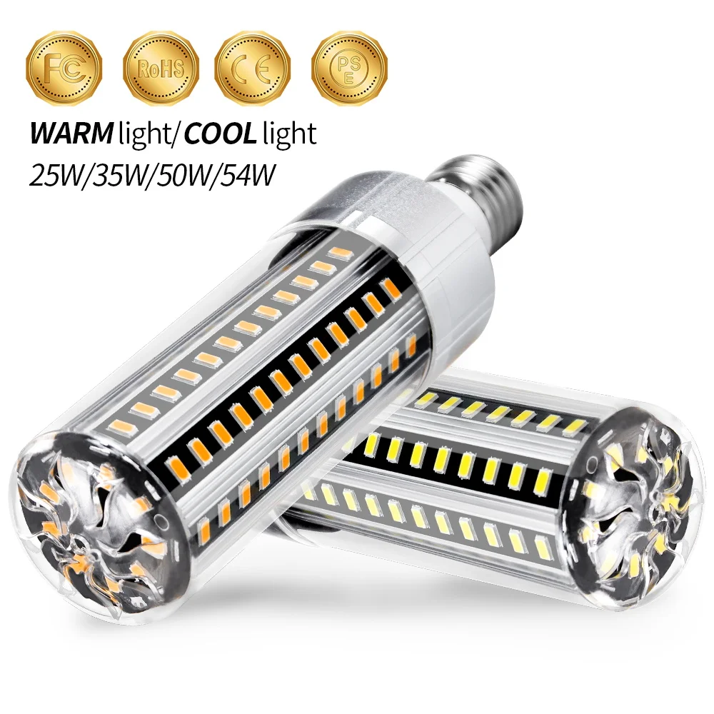 

E27 LED Corn Lamp Fan Cooling Bulb 25W 35W 50W High Power E26 Candle Light 220V No Flicker Outdoor Warehouse Lighting Ampoule