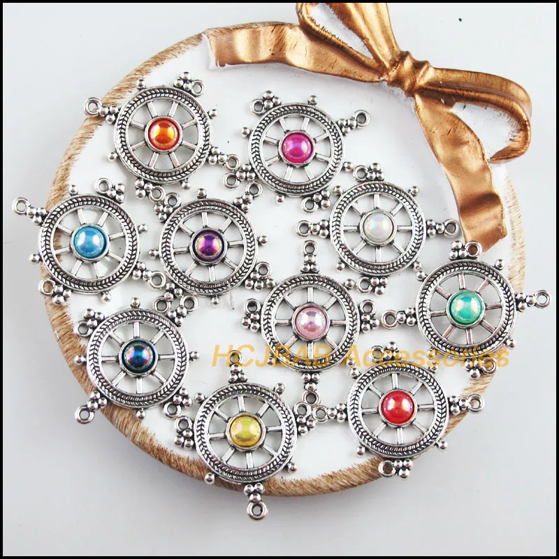 

10 New Rudder Charms Tibetan Silver Tone Retro Mixed Acrylic Connectors 27.5x33.5mm