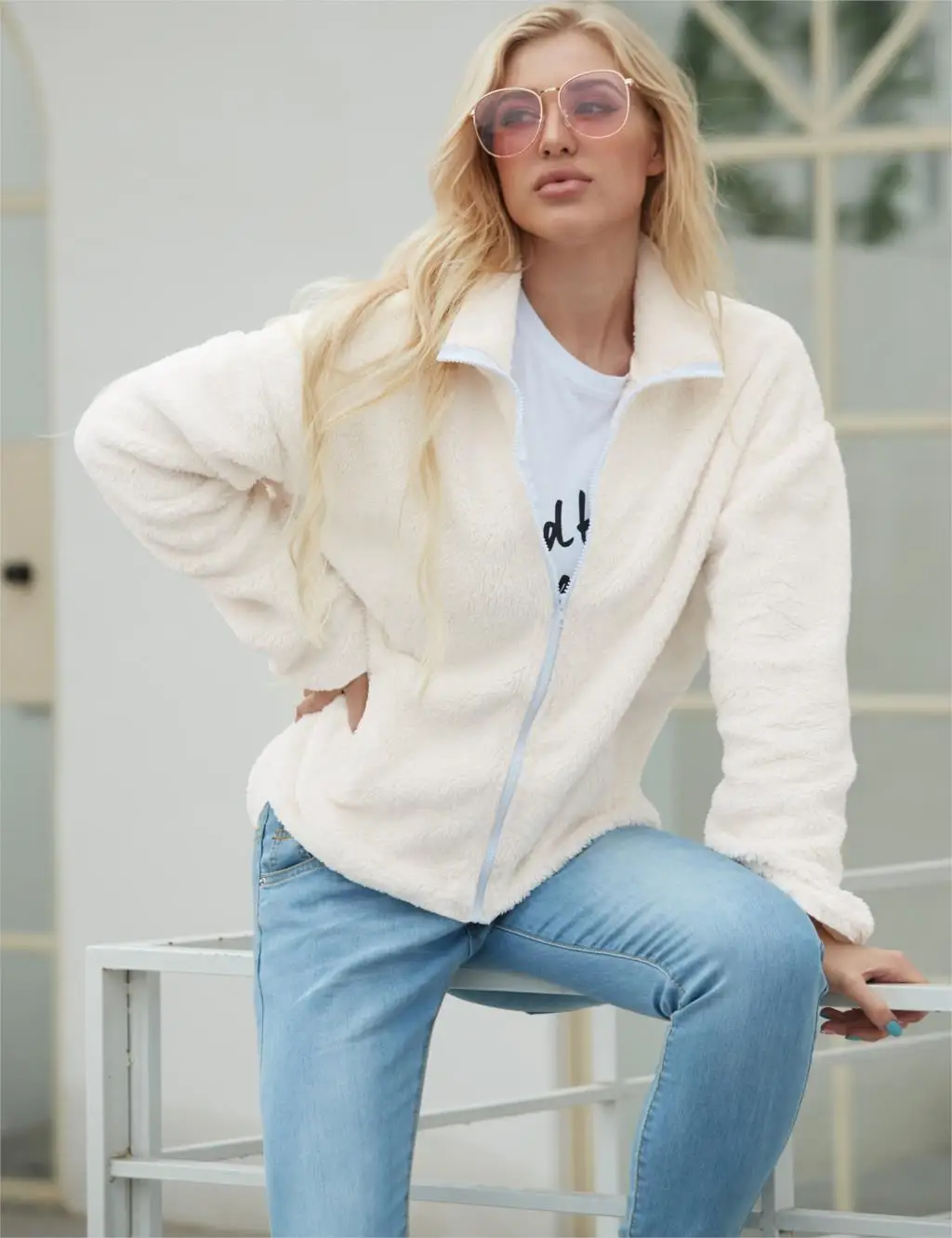 

LOOZYKIT Women Winter Faux Fur Winter Warm Stand Collar Long Sleeve Tops Loose Soft Lady Basic Zipper Pockets Cardigan Jackets