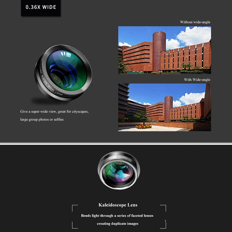 Полный телефон объектив камеры, 7 в 1 сотовый телефон объектив Комплект для Iphone и Android, рыбий глаз широкоугольный макрообъектив круговой поляризационный фильтр калейдоскоп и 2X