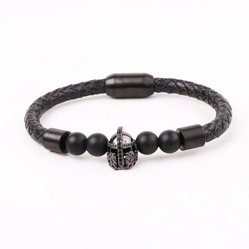 High Quality 316L Stainless Steel Clasp Helmet Skull Charm Genuine Leather Bracelet Men Jewelry Gift - Image 5