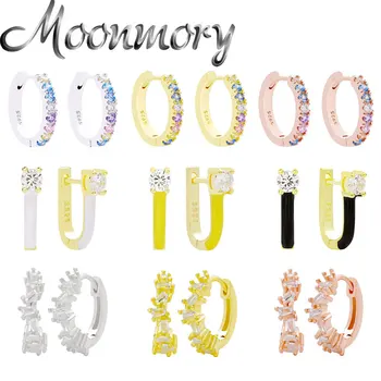 

Moonmory 925 Sterling Silver Jagged Zircon Style Hoop Huggie Earring For Women Geometric Ladder Square CZ Round Earring Jewelry