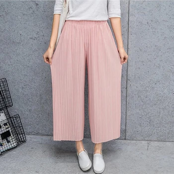 

2019 Summer Korean Women's High Waist Nine Points Wide-legged Pants Fashion Casual Women Elastic Waist Pleated Pants Hot Sale