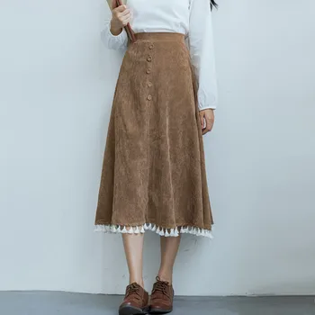 

Autumn Winter Tassel Fringe Corduroy Skirt Women Literary Vintage Mori Girl High Waist A Line Midi Skirts jupe hiver